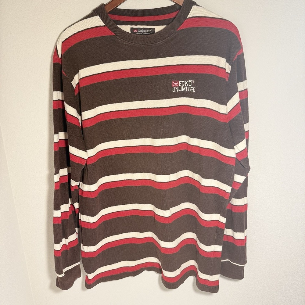 Ecko Unlimited Striped Thermal Long Sleeve Shirt Brown Red Y2K Logo Men's XL